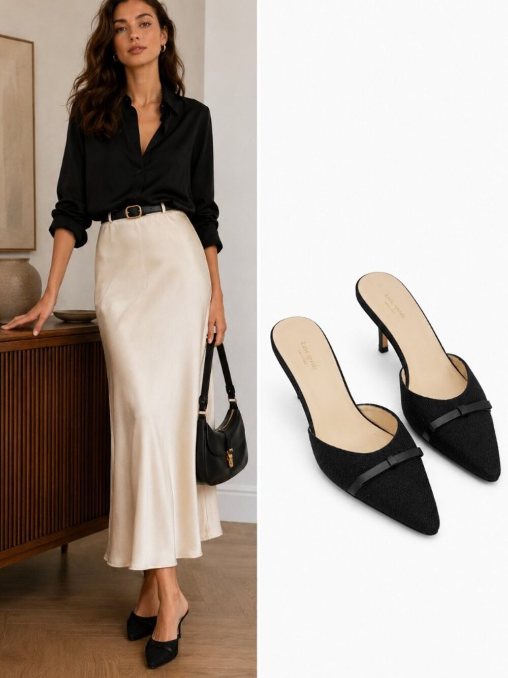 Kate Spade New York Black Pointed Toe Mule Heels Italy Size 8.5B Kitten Heel